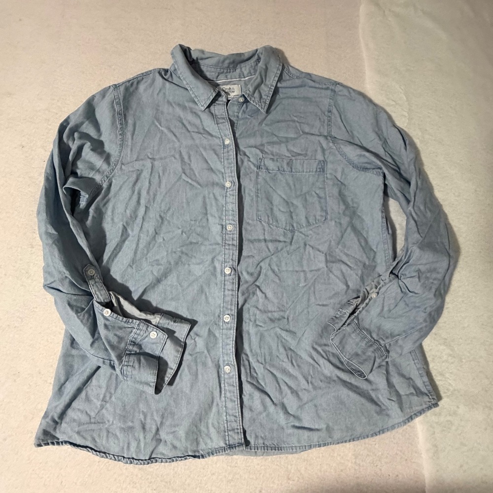 Croft & Barrow Womens Light Wash Cotton Chambray Button Down Denim Shirt Large